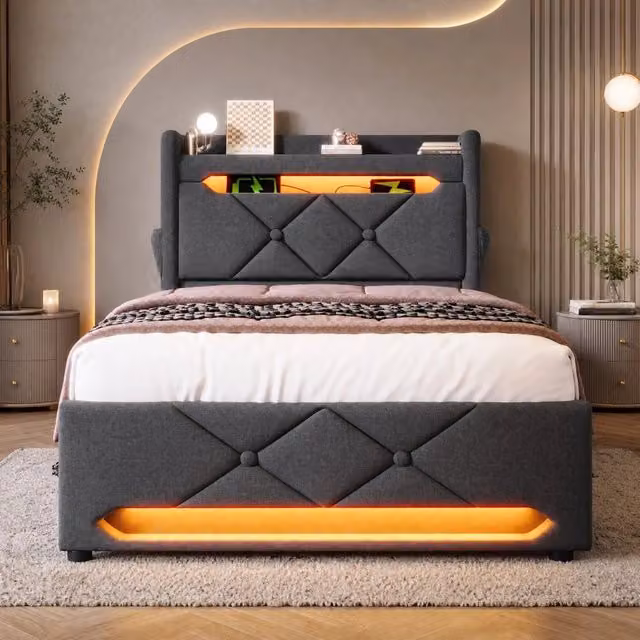 Letto singolo con LED 360°, testiera con ricarica e ampia capienza