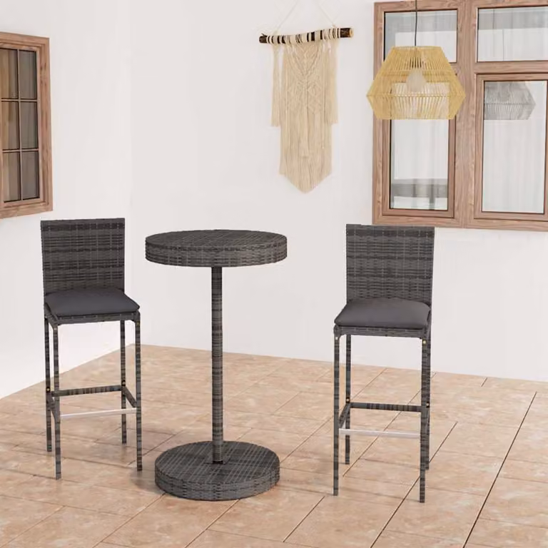 Set Bar da Giardino vidaXL in Polyrattan Grigio con Cuscini con Tavolo Rotondo