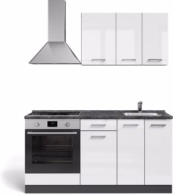 Cucina completa R-Line Bianco lucido/Antracite 160 cm con colonna forno senza piano di lavoro Vicco