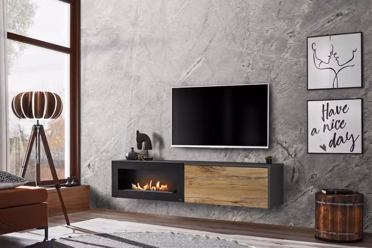 Tavolino per TV con biocamino AGRIA - antracite / rovere flagstaff
