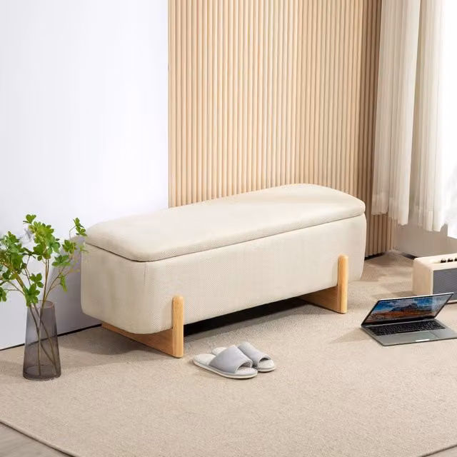 Panca contenitore imbottita WISHDOR in tessuto beige con gambe in legno di faggio, L: 150 cm, P: 44 cm, H: 44,5 cm – 1