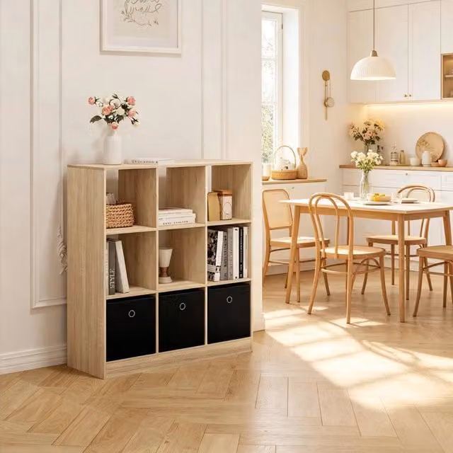 Libreria 80x30x86,5 cm nera e rovere chiaro, legno ingegnerizzato, 3 cassetti
