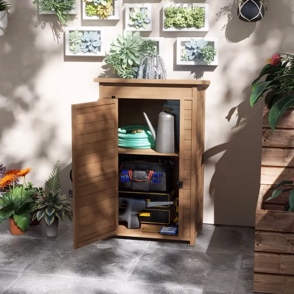 Armadio da giardino GIORDANOSHOP in legno di abete marrone con ripiani interni L: 75 cm, P: 56 cm, H: 117 cm – 2