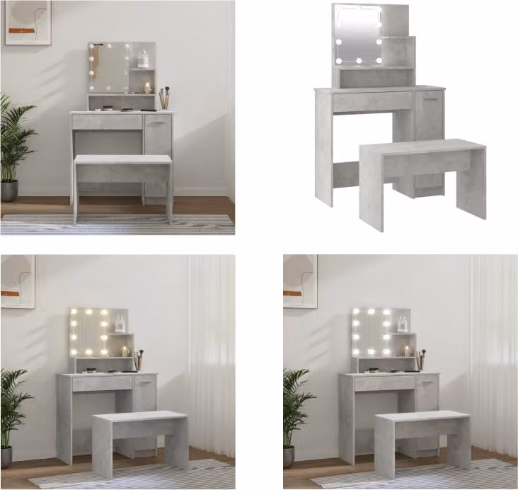 vidaXL Set tavolo da toilette con LED in legno grigio cemento - Set tavolo da toilette con LED - Set tavolo da toilette con LED - Set tavolo da toilette - Tavolo da toilette con specchio