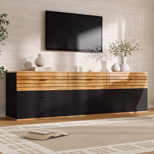 Mobile TV moderno SINGULARTY con 3 cassetti, adatto a televisori fino a 65 pollici, colore legno naturale e nero, L: 168 cm, P: 38 cm, H: 59 cm