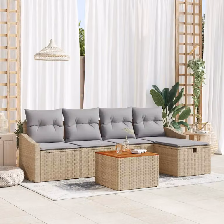 Set Divano da Giardino vidaXL 6 Pezzi Beige con Cuscini e Tavolino in Polyrattan e Acciaio
