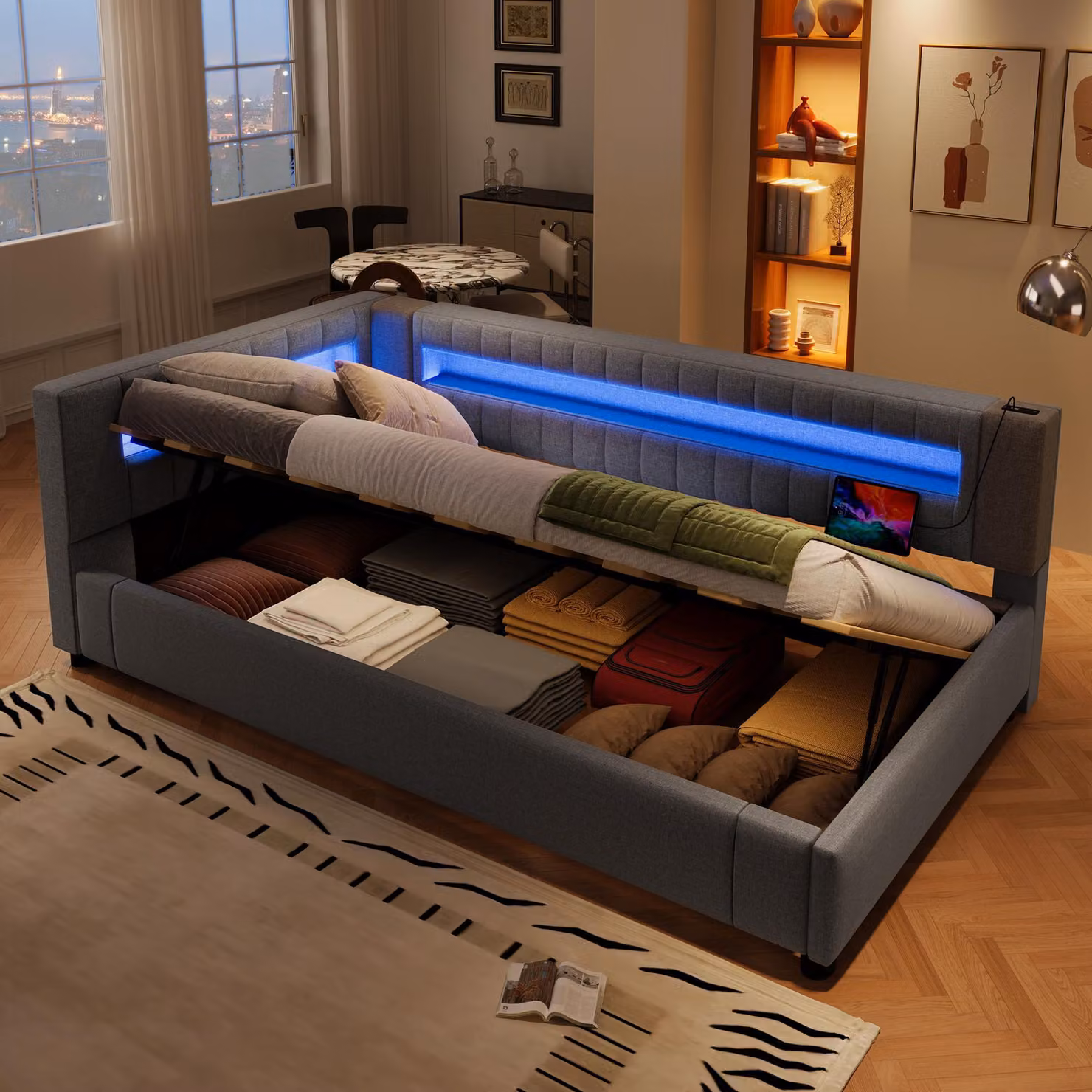 Merax daybed Daybed 90x200 cm, contenitore idraulico, striscia luminosa a LED con telecomando, testata con USB e Type-C, divano letto, daybed, grigio