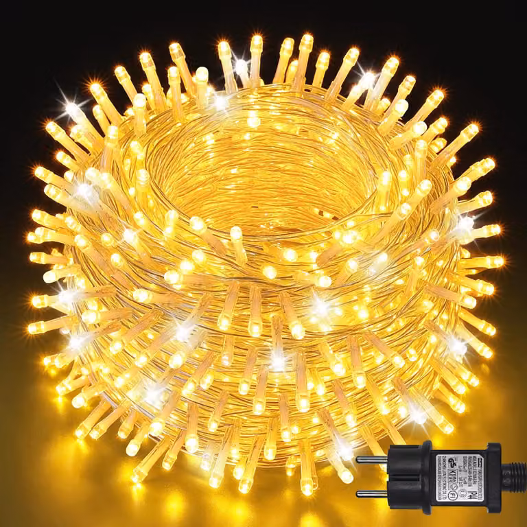 Catena luminosa da 50 metri, 1000 LED, luce bianca calda, grado di protezione IP44, 8 modalità, per interni ed esterni