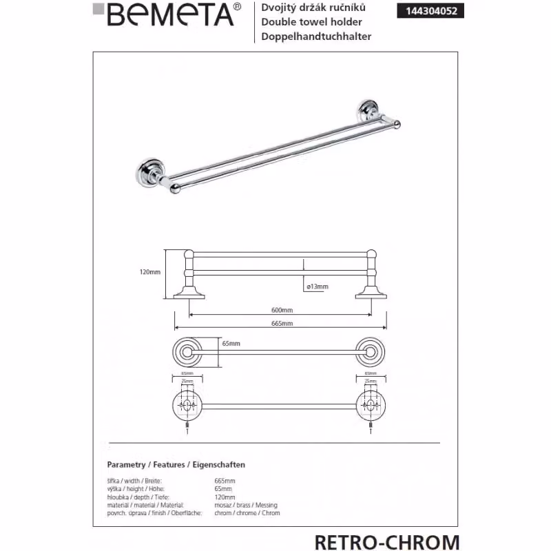 Portasciugamani doppio RETRO Bemeta in metallo argento, L: 66,5 cm, P: 6,5 cm, H: 12 cm – 2