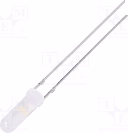 2 LED da 3 mm, angolo di emissione 150°, luce calda, 750÷1120 mcd, senza limitatore di corrente, modello OSM5DK6CF2A. Diodi LED a foro passante (THT) da 3 mm