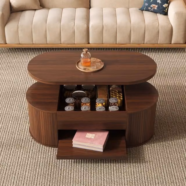 Tavolino basso alzabile con vano contenitore e ripiano estraibile in MDF noce 110 × 55.5 × 40 cm