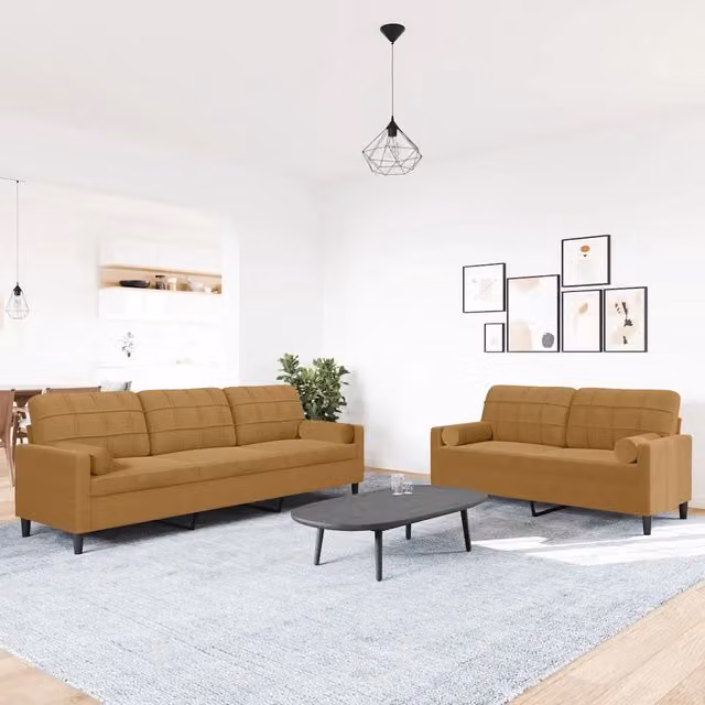 Set di 2 divani moderni vidaXL in velluto marrone con cuscini e struttura in metallo