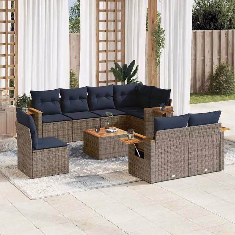 vidaXL Set Divani da Giardino a L 9 pz in Polyrattan con Cuscini Blu e Grigio e Tavolino da Esterno