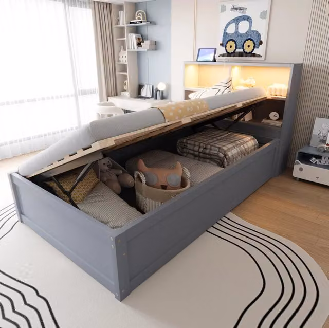 Letto da giorno ULEVR 90x200 cm con sollevamento idraulico, 4 vani, presa multipla e LED, grigio