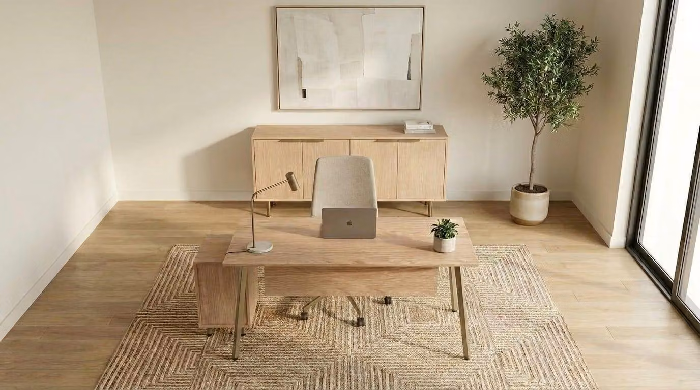 Arredamento per ufficio: scrivania elegante, mobile contenitore beige, credenza, cassettiera