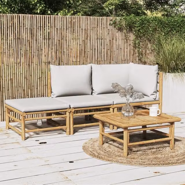 Set Salotto da Giardino 3pz con Cuscini Grigio Chiaro Bambù 3155108