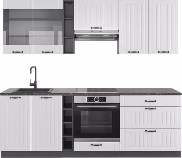 Cucina componibile Vicco Fame-Line in stile country house, Bianco rustico e Antracite, L: 235 cm