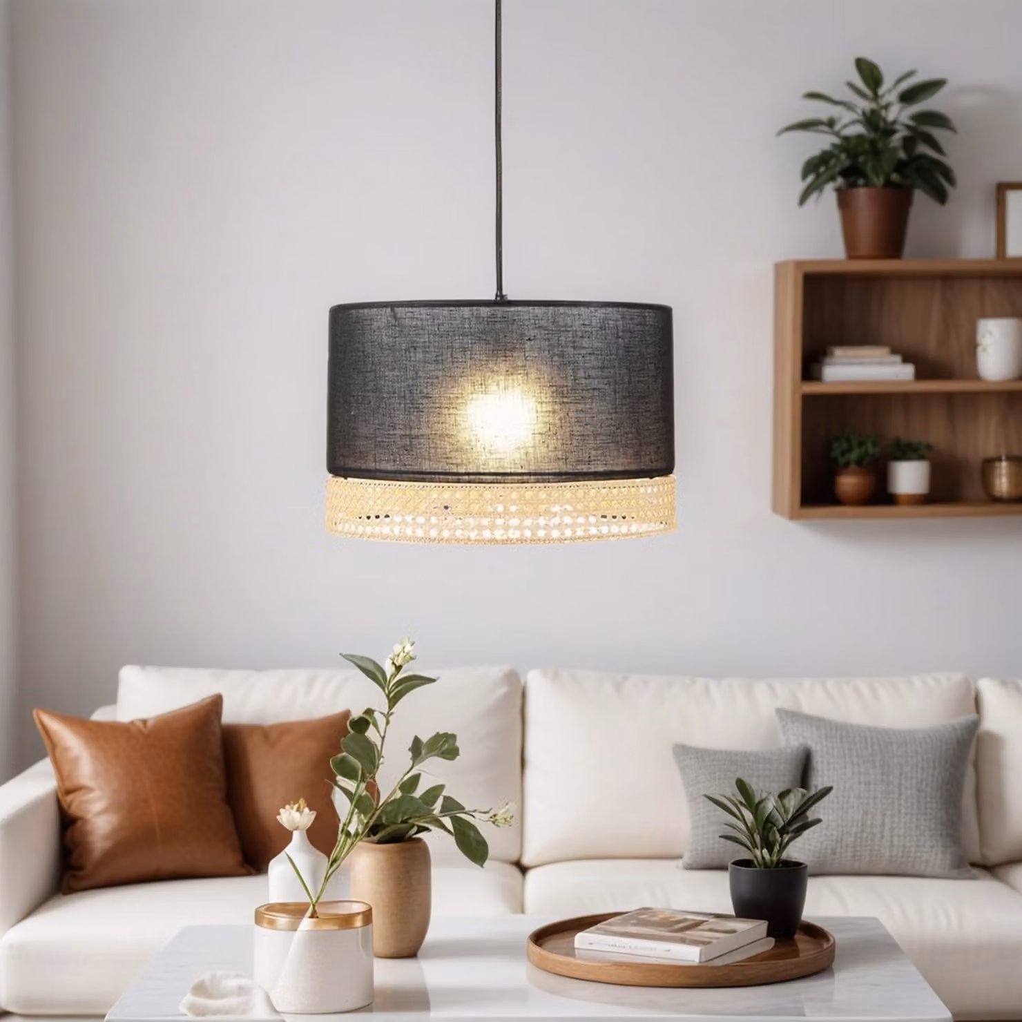 Lampada a sospensione in tessuto rattan Ø 38,5 cm nero marrone E27 moderna lampada a sospensione soggiorno sala da pranzo camera da letto