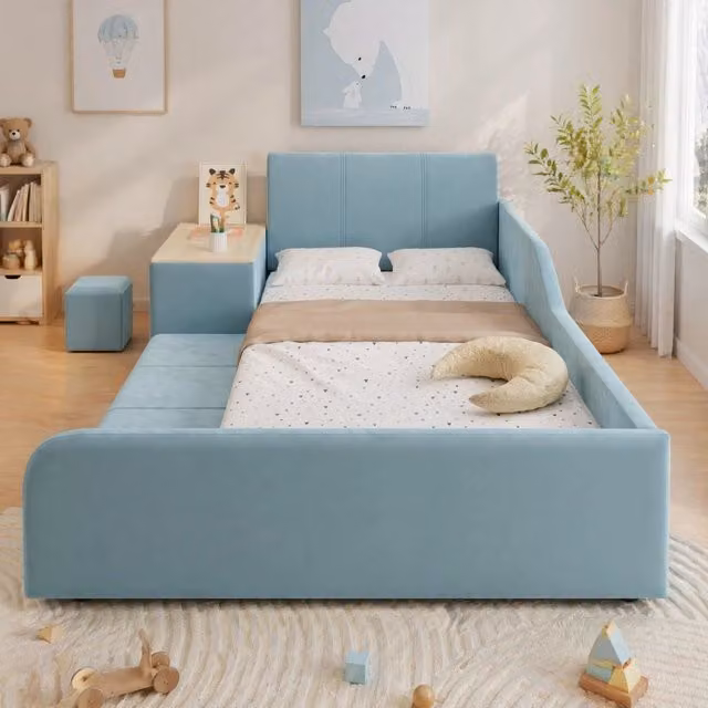 Letto singolo Mivray in velluto blu con scrivania laterale, sgabello e ripiano, L/P: 90 x 200 cm