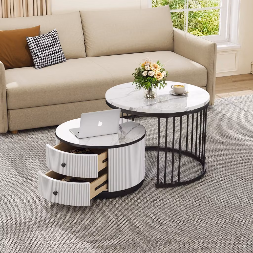 Set di 2 tavolini da caffè rotondi REDOM in MDF con finitura lucida, Bianco e Nero, L/P/H: 60 x 60 x 45,5 cm e 50 x 50 x 30 cm – 2