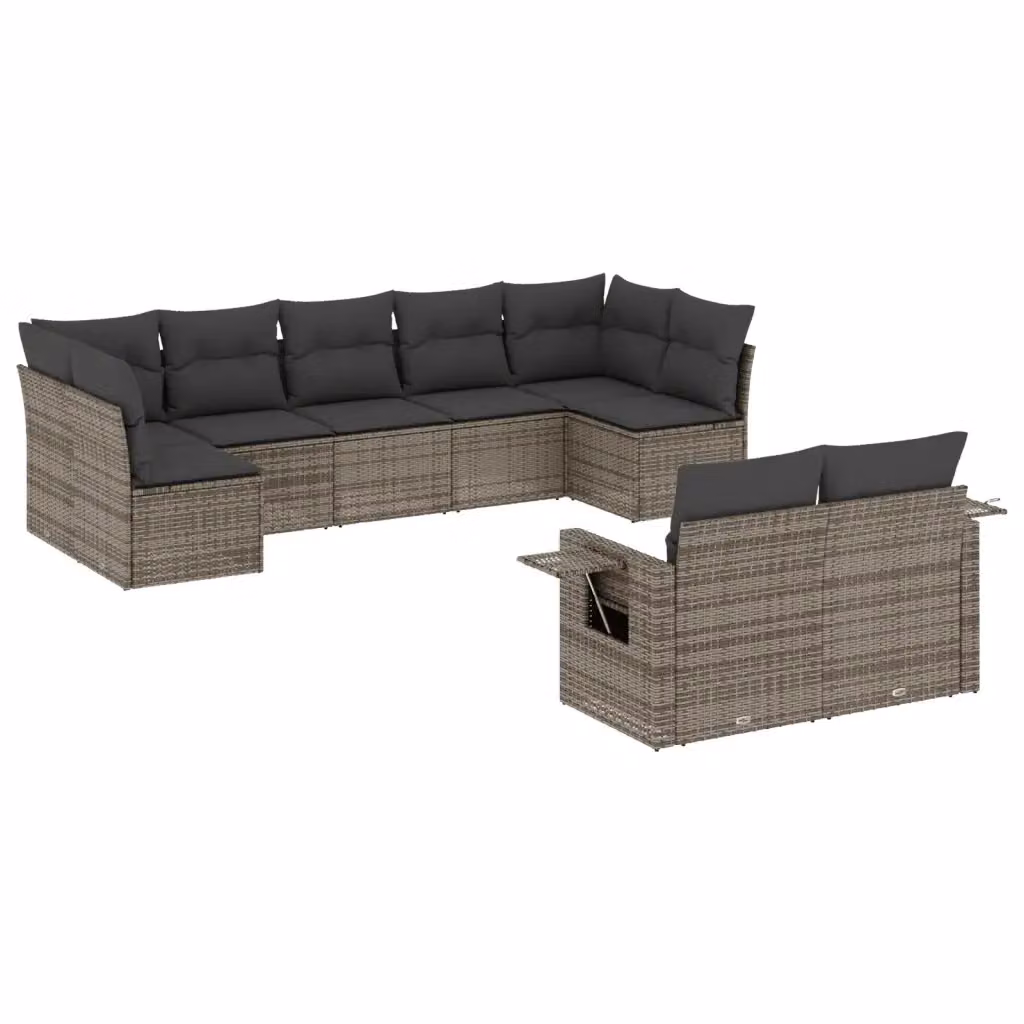 vidaXL Set Divano da Giardino a L in Polyrattan Grigio con 9 Pezzi e Cuscini – 2