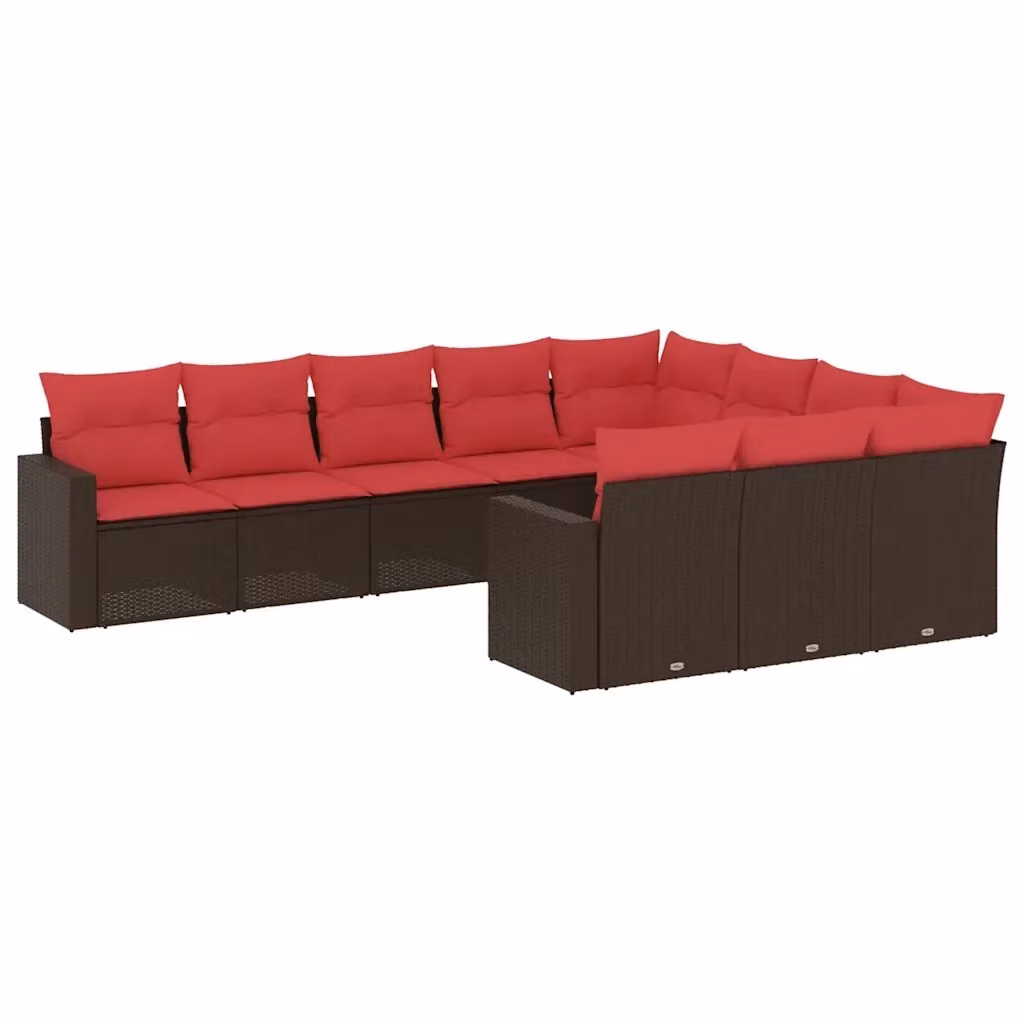 Set di Divani da Giardino a L vidaXL con Cuscini in Polyrattan Marrone e Rosso e Struttura in Acciaio – 2