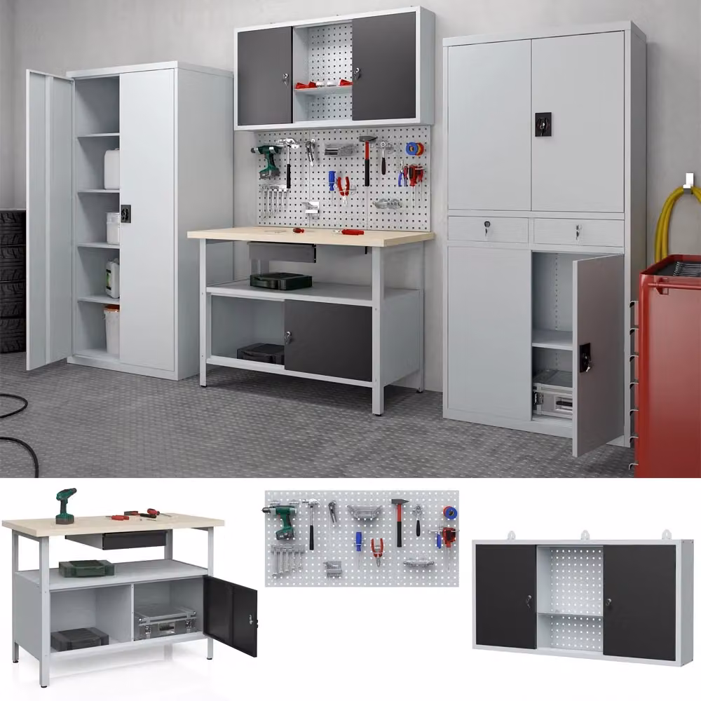 Armadietto per attrezzi Vicco in acciaio grigio e nero, montabile a parete, L: 240 cm, H: 202 cm, P: 49,04 cm – 2
