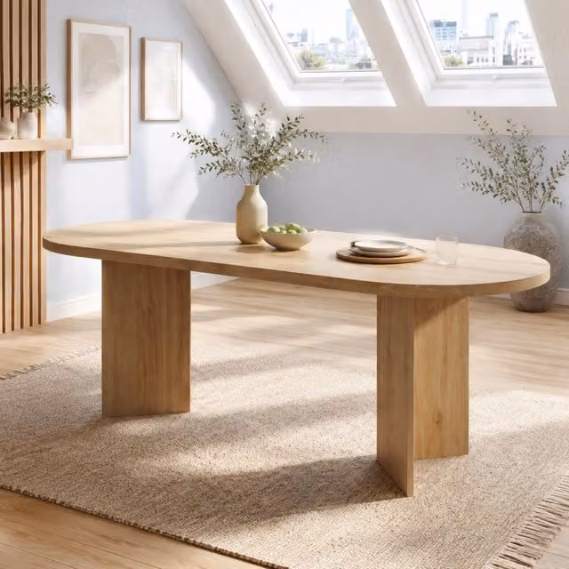 Tavolo da pranzo moderno Mivray ovale in MDF laminato rovere color marrone con angoli arrotondati