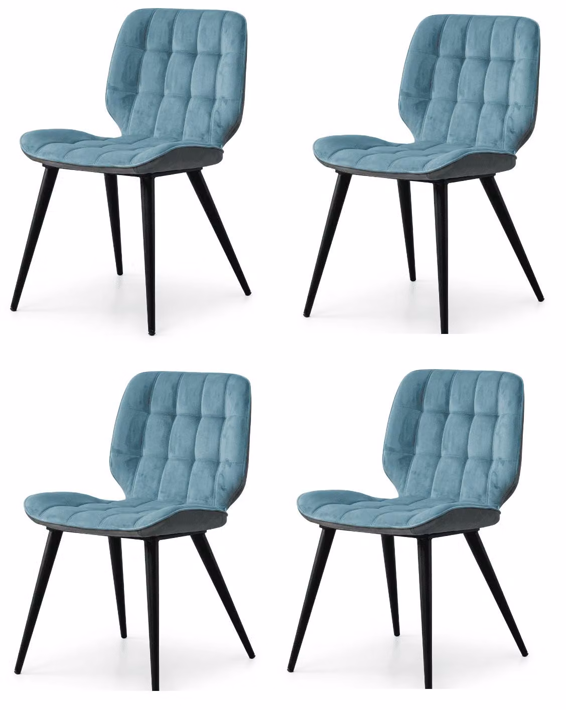 Set di 4 eleganti sedie da pranzo, colore blu, tessuto a quadri, imbottitura trapuntata, design