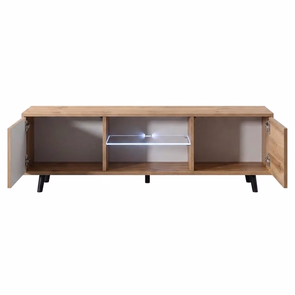 Mobile TV moderno in melaminico Rovere con 2 ante battenti, vano centrale con ripiano in vetro e illuminazione LED e piedini in metallo per il tuo soggiorno, L 140 x P 31.5 x H 40 cm – 2