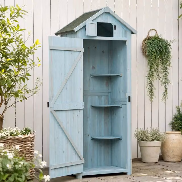 Armadio da giardino in legno 77x54;2x179 cm con 3 ripiani rimovibili; azzurro chiaro