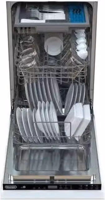 De'Longhi L45P113E Lavastoviglie da Incasso Slim 11 Coperti Classe E 45 dB con Sistema Aquastop, Colore Bianco e Argento, L/P/H: 87,6 x 44,8 x 55,9 cm