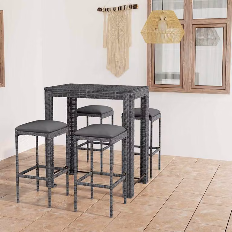 Set da Bar da Giardino vidaXL in Polyrattan Grigio con 5 Pezzi e Cuscini