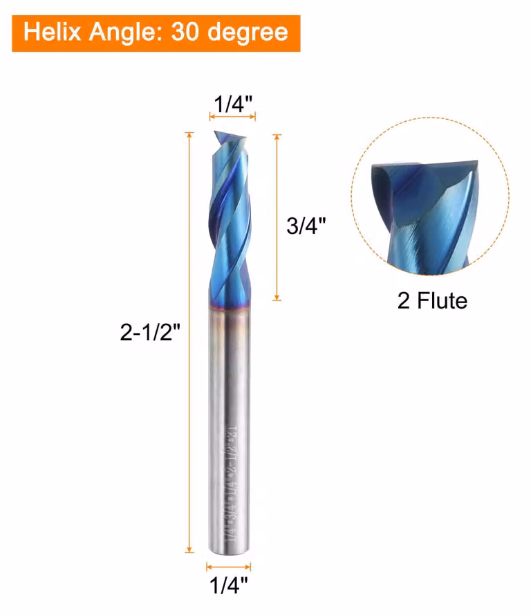 Fresa a spirale, diametro 1/4 di pollice, 2 taglienti, taglio ascendente, con rivestimento nano blu