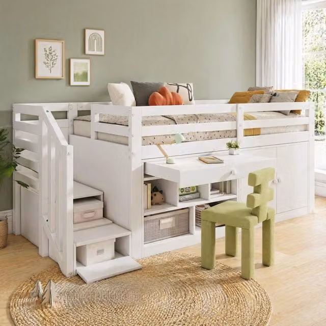 Letto singolo multifunzione 90x200 cm in legno massiccio e MDF; bianco; con scala e contenitore