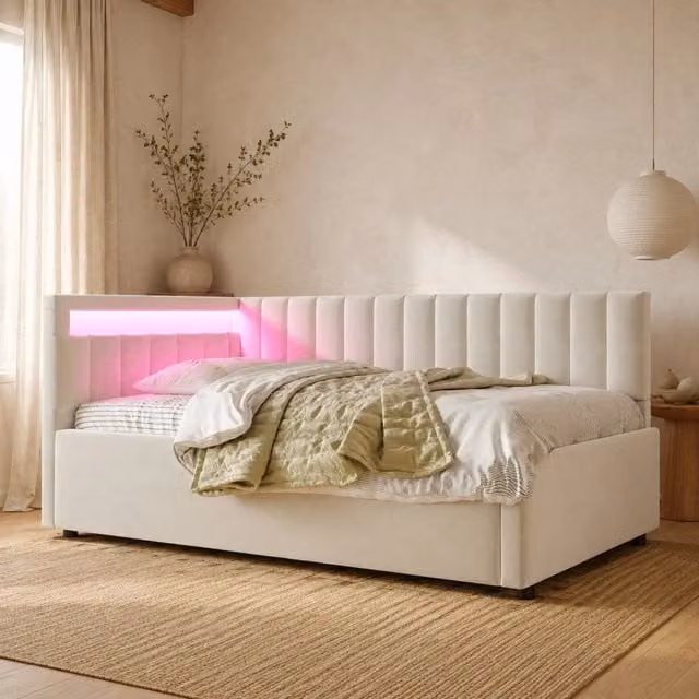 Letto imbottito 90x200 cm beige in velluto, contenitore idraulico e LED