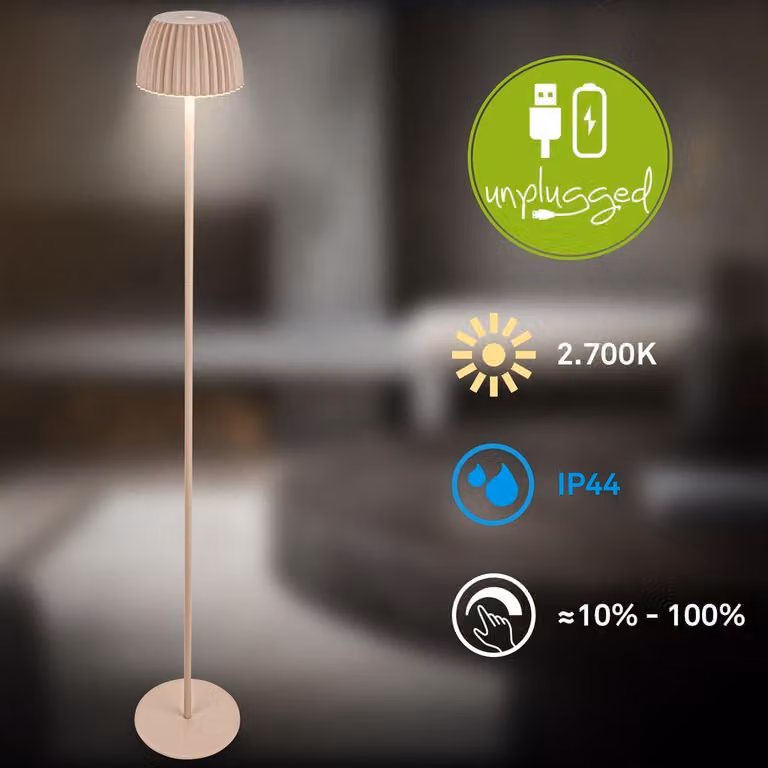 Briloner RIFFLE Lampada da terra senza fili IP44, dimmerabile, touch, batteria ricaricabile, vincitrice del German Design Award 2025, beige, Ø19 x 124 cm