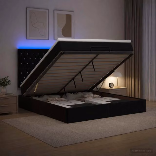 Letto Ottomano vidaXL con Materasso Ibrido e Illuminazione LED sotto il letto in Velluto Nero L: 180 cm, P: 200 cm