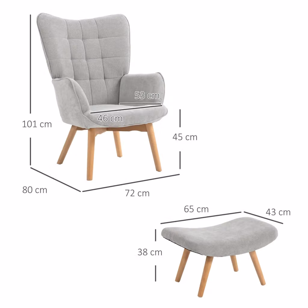 Poltrona relax con pouf WISHDOR in tessuto grigio e gambe in legno di faggio, L: 101 cm, P: 72 cm, H: 80 cm – 2