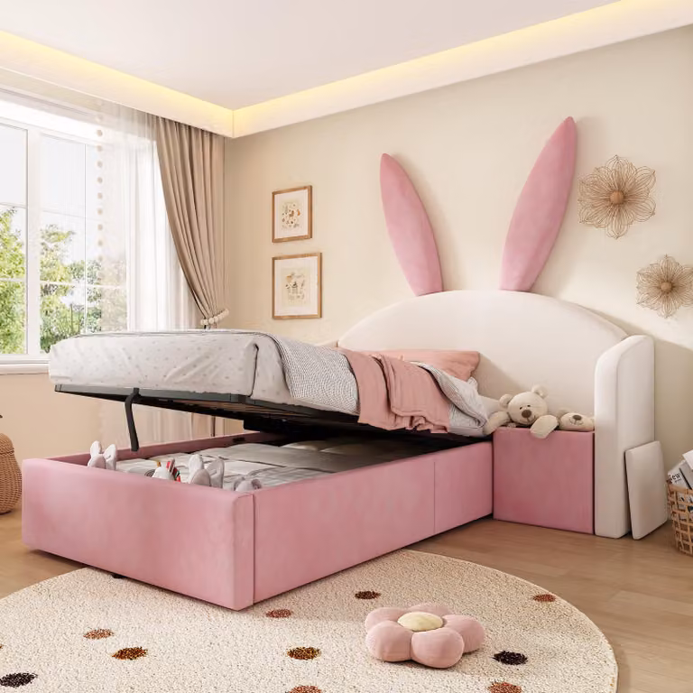 Letto imbottito Merax 90x200 cm con testiera a orecchie di coniglio, lettino per bambini con contenitore idraulico e comodino, letto in velluto per ragazzi con rete a doghe, rosa e bianco