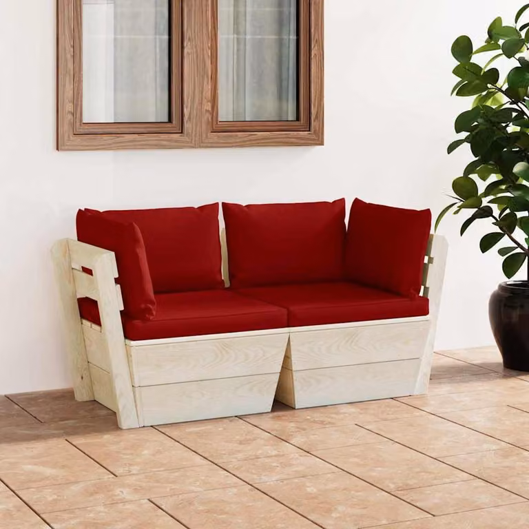 vidaXL Divano da Giardino a 2 Posti a Forma di L in Legno di Pino con Cuscini Rossi
