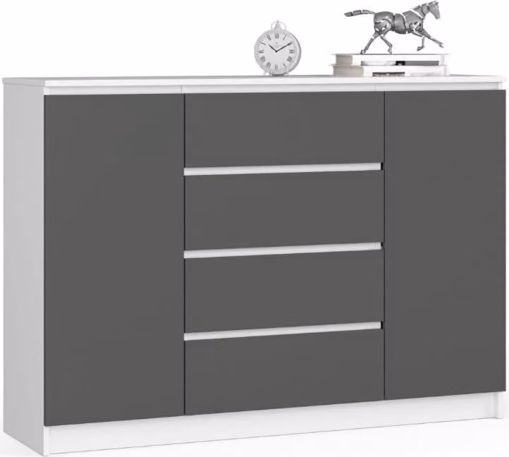 BDW, cassettiera con 4 cassetti, 139x40x99 cm, K140, bianco/grigio
