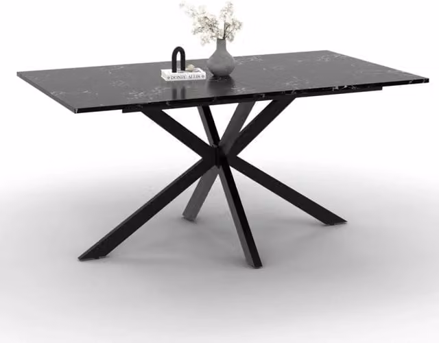 Tavolo da pranzo rettangolare IDMarket ALASKA per 8 persone con effetto marmo nero lucido e base a ragno in metallo