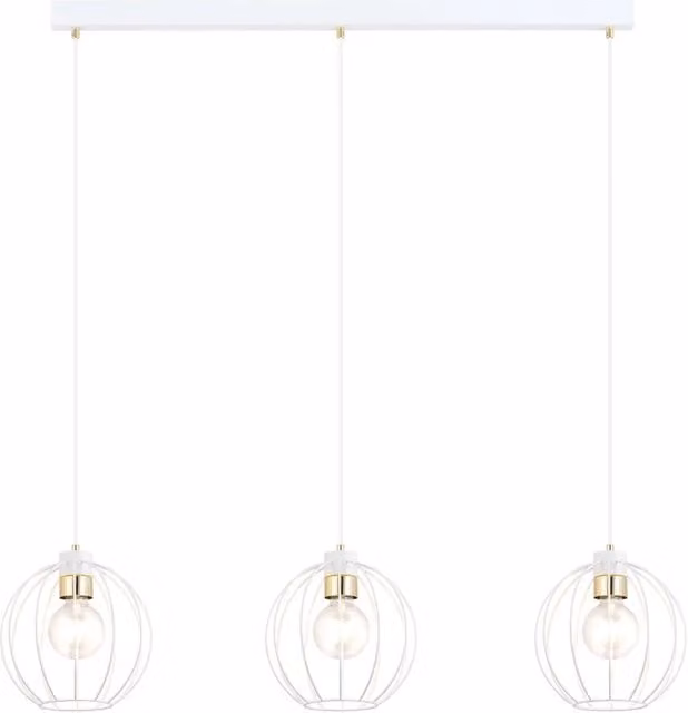 Lampada a sospensione industrial Tiwaz Luceart-Classic con 3 luci in metallo bianco e oro con paralumi a gabbia e altezza regolabile
