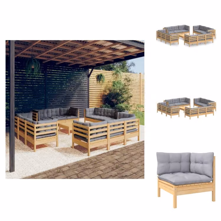 vidaXL Set di 13 pezzi per salotto da giardino con cuscini grigi in legno di pino - Set di mobili da giardino