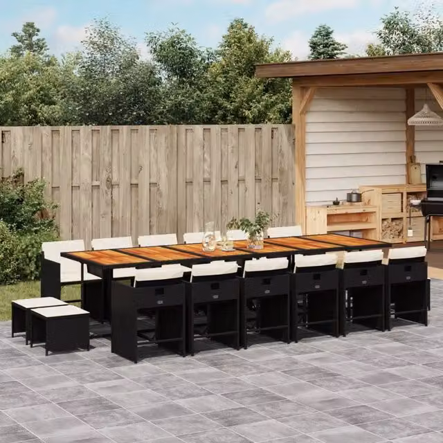 Set da Pranzo da Giardino 17 pz vidaXL in Polyrattan Nero con Cuscini e Tavolo in Legno di Acacia