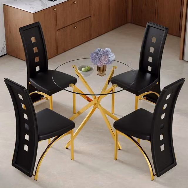 Set tavolo e sedie con tavolo e 4 sedie, sedute imbottite, in vetro, metallo e pelle PU trasparente, oro e nera