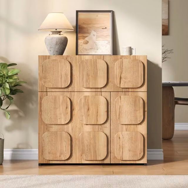 Comò con 4 vani contenitori, design retrò in legno ingegnerizzato naturale e nero per soggiorno, 79.6×34.8×81.5 cm