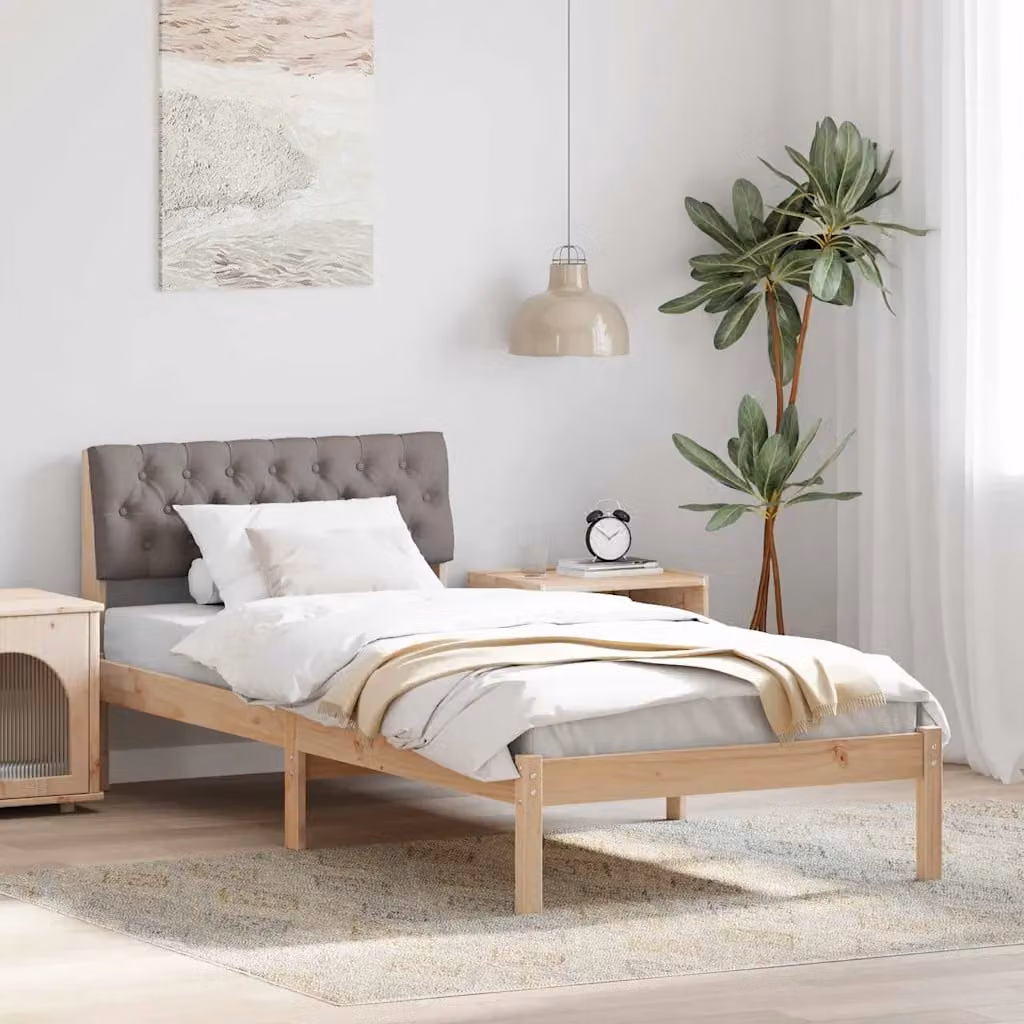 Struttura del letto moderna vidaXL in legno di pino con testiera in tessuto, marrone e beige, 90 x 190 cm