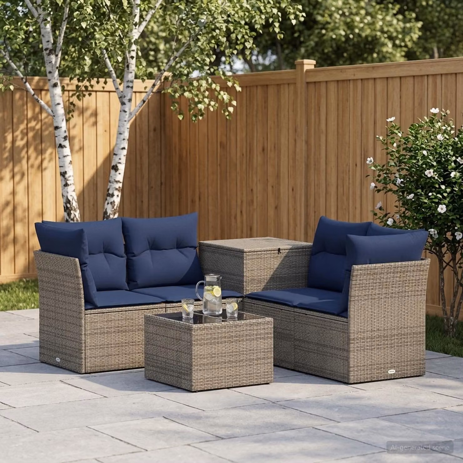 Set di divani da giardino vidaXL in rattan sintetico e metallo, colore grigio e blu, composto da 6 pezzi con elementi angolari, divani a 2 posti e tavolino da caffè, ideale per terrazzo o esterno